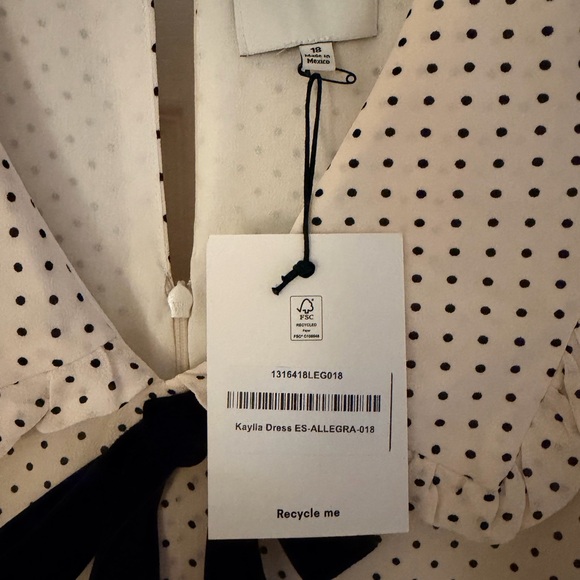 Reformation “Kaylia” Cream Polka Dot Mini Dress with Black Bow - Picture 5 of 7